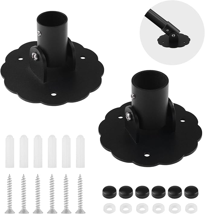 Flower-Shape Shower Curtain Rod Bracket, 2Pcs Telescopic Metal Shower Drape Rod Swivel Flange Curtain Pole Wall-Mount Bracket (Black, 22mm & 26mm)