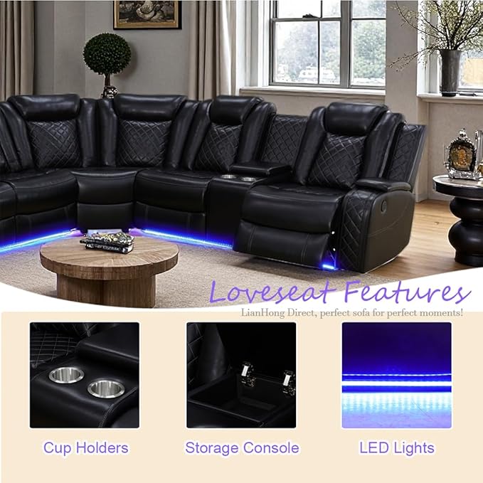Black Power Sectional Recliner Sofa Set for Living Room, Power Recliner Sofa and Loveseat Sets, L Shaped Leather Sectional Sofa with LED, Smart Power Pad, Cup Holders, Storage for House/Office