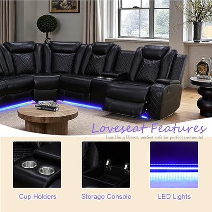 Black Power Sectional Recliner Sofa Set for Living Room, Power Recliner Sofa and Loveseat Sets, L Shaped Leather Sectional Sofa with LED, Smart Power Pad, Cup Holders, Storage for House/Office