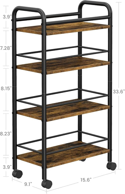 Slim Storage Cart, 4-Tier Small Rolling Cart with Wheels, 9.1" Deep, Narrow Bathroom Shelf Trolley for Kitchen, Bathroom, Laundry Room, Rustic Brown Large 4-Tier (9.1" W x 33.6" H)