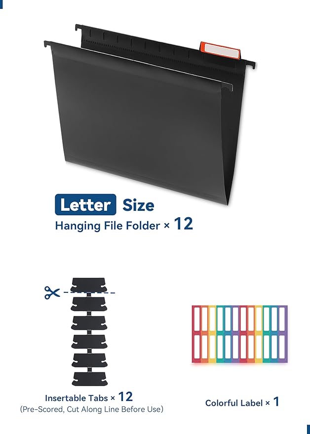 Plastic Hanging File Folders, Sturdy & Tear-Resistant, Letter Size, 12 Pack with Insertable 1/5-Cut Tabs, Black