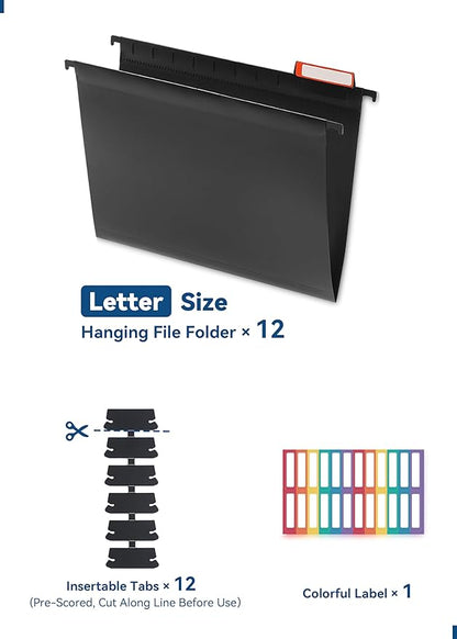 Plastic Hanging File Folders, Sturdy & Tear-Resistant, Letter Size, 12 Pack with Insertable 1/5-Cut Tabs, Black