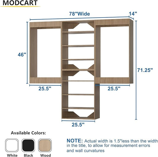 Modular Closet System, 78" Wide Closet Organizer System with Hanging and Towers, Wood Tower Closet Storage for Walk In Closets, Wall Mounted Wardrobe Organizer Kit System, Bedroom, Wood