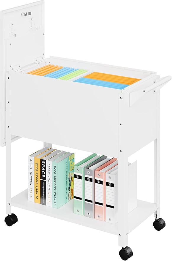Rolling File Cart with Wheels Hanging Files,Rolling File Cabinet Organizer,Rolling Hanging File Folder Cart on Wheels,Metal Filing Cart,Fit A4/F4/Letter/Legal File for Home Office (White)