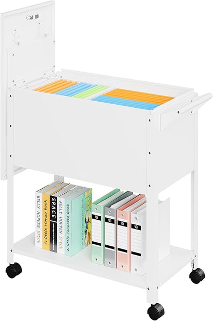 Rolling File Cart with Wheels Hanging Files,Rolling File Cabinet Organizer,Rolling Hanging File Folder Cart on Wheels,Metal Filing Cart,Fit A4/F4/Letter/Legal File for Home Office (White)