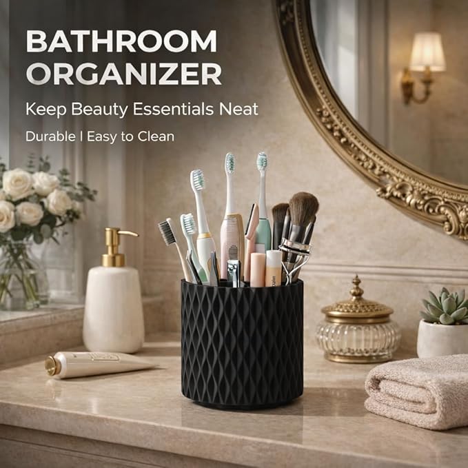360° Rotating Makeup Brush Holder, 5-Slot Cosmetic Organizer Cup for Vanity, Desk & Bathroom Countertop, Black