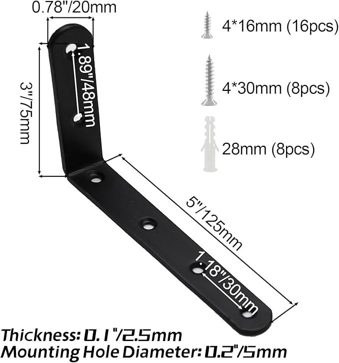 Luomorgo 4 Pcs L Brackets for Shelves, Heavy Duty Stainless Steel L Shaped Bracket, Decorative Corner Brace Joint Right Angle Bracket Wall Hanging with Screws, 5 x 3 Inch, Black