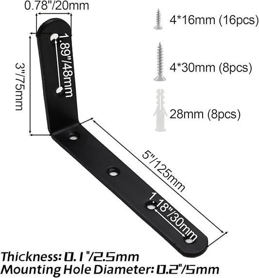 Luomorgo 4 Pcs L Brackets for Shelves, Heavy Duty Stainless Steel L Shaped Bracket, Decorative Corner Brace Joint Right Angle Bracket Wall Hanging with Screws, 5 x 3 Inch, Black