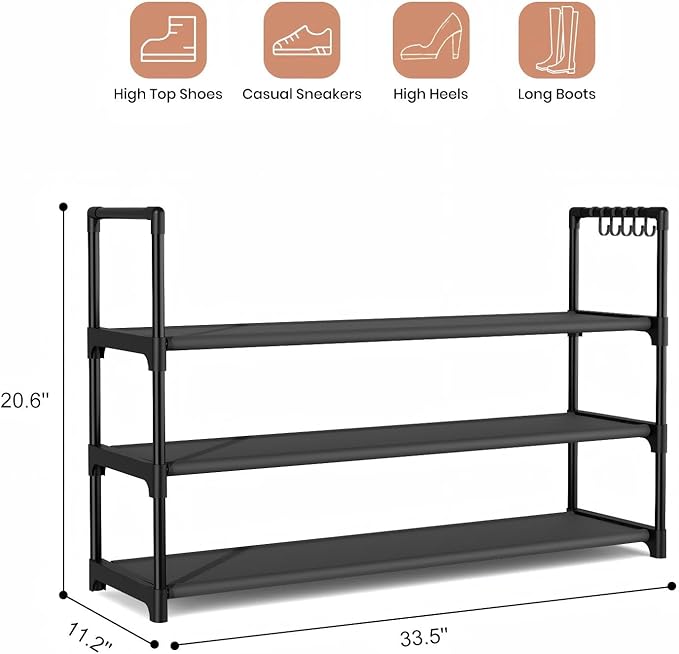 Shoe Rack for Closet Shoe Organizer Space Saver Storage for 12-15 Pair Shoe Shelf with Hook Free Standing 3 Tier Shoe Rack Organizer for Entryway, Small Spaces, Black