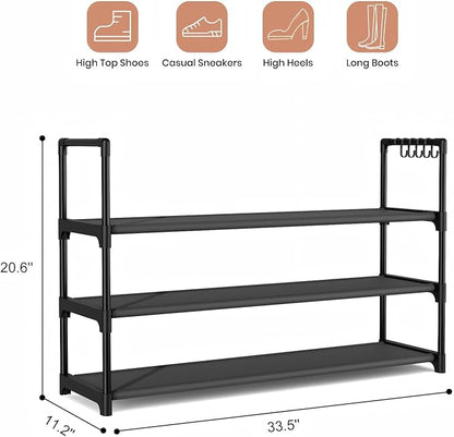 Shoe Rack for Closet Shoe Organizer Space Saver Storage for 12-15 Pair Shoe Shelf with Hook Free Standing 3 Tier Shoe Rack Organizer for Entryway, Small Spaces, Black