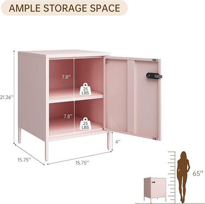 Metal End Table Single Door Bedside Nightstand Lockable Storage Cabinet Kids Locker for Living Room, Bedroom, Dorm,Home, Office 21.26”H X 15.75”W X 15.75”D (1 Door, Pink)
