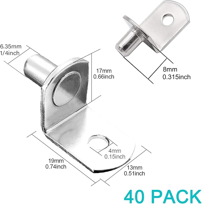 40 Pcs Shelf Support Pegs,1/4 Inch Diameter Shelf Bracket Pegs with Hole,Nickel Plated L-Shaped Clips for Kitchen & Bookcase Shelf Cabinet Furniture Closet Shelf Pins Support
