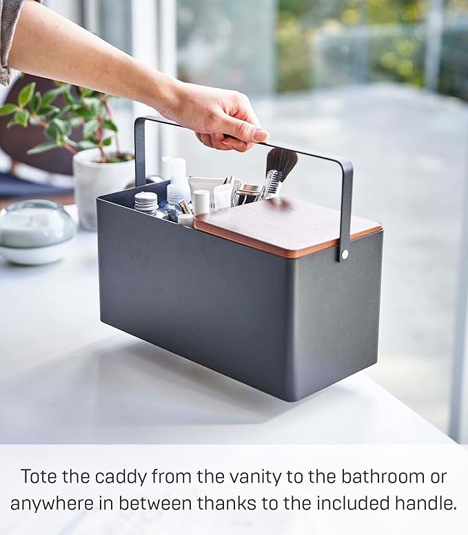 YAMAZAKI Home Tower Large Makeup Organizer Cosmetic Caddy With Handle Vanity Storage Drawer With Lid - Steel + Wood