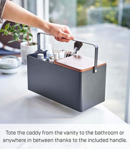 YAMAZAKI Home Tower Large Makeup Organizer Cosmetic Caddy With Handle Vanity Storage Drawer With Lid - Steel + Wood