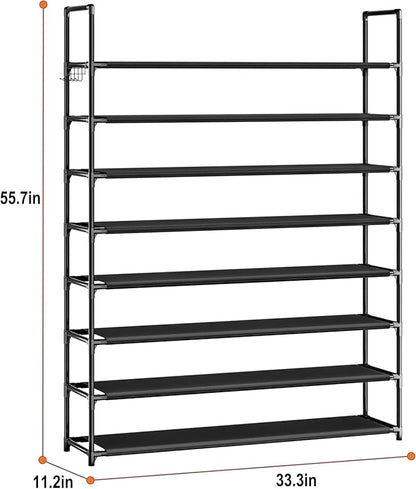 OYREL 8 Tier Shoe Organizer, 33.3in Wide x 11.2in Deep x 55.7in Tall, Black Metal and Plastic Shoe Rack, Holds up to 32-40 Pairs of Shoes