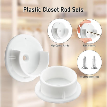 HOME MASTER HARDWARE Plastic Closet Rod Bracket,1-3/8'' Closet Rod Holders, White U-Shaped Open Type Socket Bracket, Shower Curtain Rod Pole End Supports Sockets Flange, 2 Set