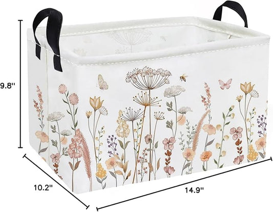 Essme Rectangular Flower Basket,Kids Storage Bins Organizer with Handles for Girls Room Decor, Gift Basket,Shelf Basket.(Beautiful Flowers)