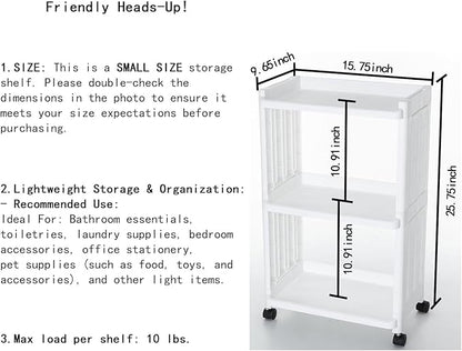 3 Tier Rolling Storage Cart for Bathroom Toilet Side Storage Shelf with Wheels Movable Organization Rack Organizer Shelving Unit Bathroom Cart Office Cart (Normal Size)