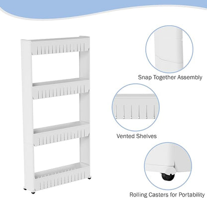 4-Tier Storage Organizer Rack - Plastic Rolling Cart for Office, Dorm, Bedroom, Bathroom, and Laundry Room Organizing by Lavish Home (White)