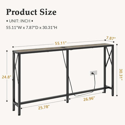 Sofa Table with Oulets and USB Ports, 55.1" Couch Table Behind Sofa, Industrial Long Skinny Stand for Hallway, Living Room, Bedroom, 6.5 Feet Power Cord