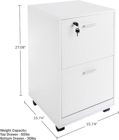 Lavish Home File Cabinet - 2-Drawer Cabinet with Lock and Deep Drawer Storage - Rolling Filing Cabinet for Under The Desk, Home, or Office (White)
