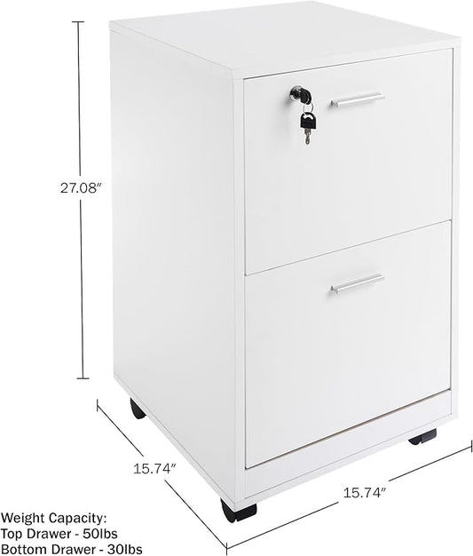 Lavish Home File Cabinet - 2-Drawer Cabinet with Lock and Deep Drawer Storage - Rolling Filing Cabinet for Under The Desk, Home, or Office (White)