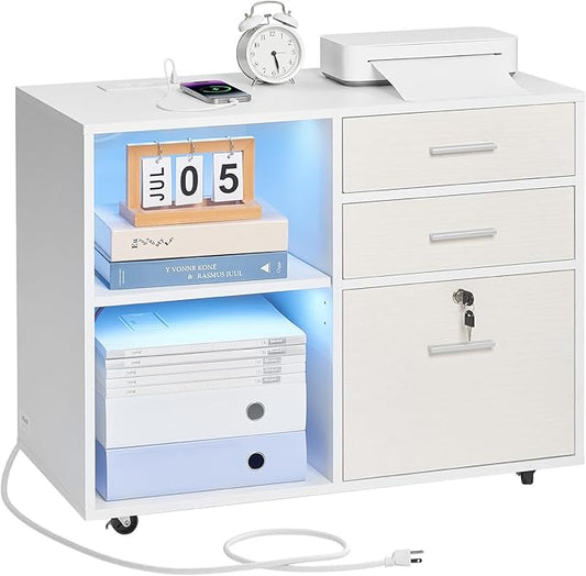 VEVOR 3 Drawer Wooden File Cabinet, Mobile Filing Cabinet with Light Strip, Lockable Rolling File Storage with Adjustable Shelves & 5 Wheels, Free Standing Printer Stand for Home Office School, White