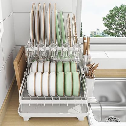 2 Tier Dish Drying Rack Automatic Drainage Board Space-Saving for Kitchen Counter with Cups Holder