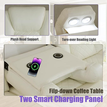 Leather Power Recliner Sofa, Power Sectional Sofa Couch Set for Living Room, Reclining Corner Sectional Sofa Set with LED, Read Lights, USB, Cup Holders, Storage for Home/Office,Vanilla White