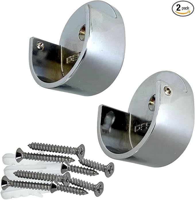 Closet Rod Support Flanges with Screw On Attachment | Heavy Duty Clothes Pole End Sockets for Wardrobes |Polished Chrome |1 Pair