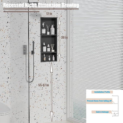 Stainless Steel Niche for Shower Wall，Shower Niche Insert Tile Ready ，Organizer Storage for Room，3-Tier Shelves ，Matte Black (Black，30 * 12 in)