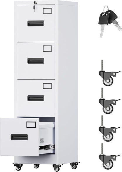Aobabo 4 Drawer Filing Cabinet with Wheels, Lockable Metal File Cabinet with Name Card for Office and Home,Required Assembly,White