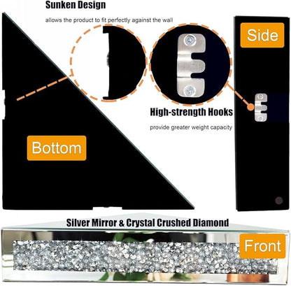 Mirrored Floating Corner Shelf, Silver Mirror Crushed Diamond Decorative Wall Shelf for Home Decoration Crystal Diamond Wall Art Decor Accent Piece Showcase 11.8" L×11.8" W×3.1" H, Set of 2