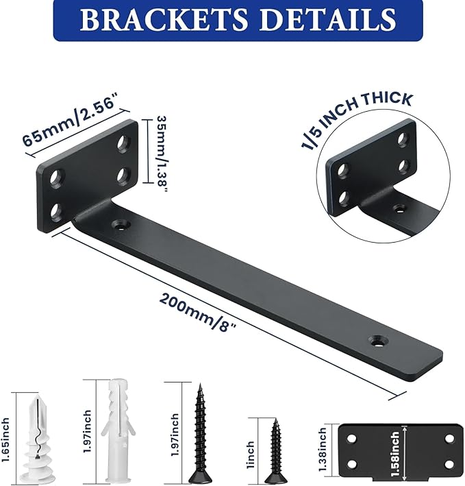 Alise Floating Shelf Brackets Black, 4 Pcs L Brackets for Shelves, 8'' Hidden Invisible Shelf Brackets, 1/5" Inch Thick Heavy Duty Metal Wall Shelf Support Corner Brackets for Home and Mounting Shelf