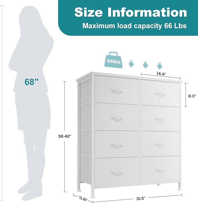 OLIXIS 8 Drawers Storage Organizers Units, Closet Organizers and Storage for Clothes, Fabric Storage Drawer for Living Room, Chest of Dresser in 31.5" D x 11.8" W x 36.4" H, White