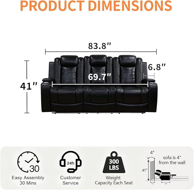 Living Room Furniture Set, Power Reclining Sofa Set, Black Leather 3-Seated Recliner Couch with Drop-Down Table, Recliner Sofa with Storage Console/Cup Holder for Living Room/Apt/Office