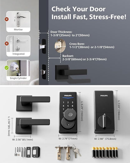 Philips Wi-Fi Smart Lock with Handles, WiFi Keyless Entry Front Door Lock Set, Keypad Deadbolt with Handle App Fingerprint Code Unlocking, Auto Locking, Built-in WiFi, Remote Control & Voice Unlock