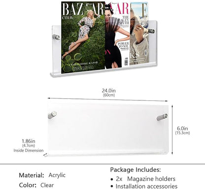 2-Pack Acrylic Magazine Holder, 24" Record Holder Magazine Rack, Fashion Hanging Bookshelf Literature Storage Rack for Waiting Room, Living Room, Office (Clear, 24 Inch)