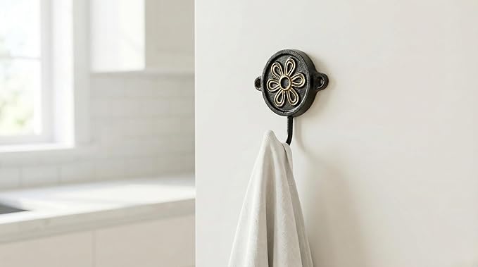 Aluminium Flower Print (1-Pack) Single Wall Hooks, Black Themed Hooks for Hanging Leash-Wall Mount Hanger, Organization Decorative Wall Hook (Flower)