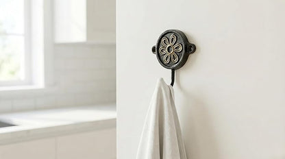 Aluminium Flower Print (1-Pack) Single Wall Hooks, Black Themed Hooks for Hanging Leash-Wall Mount Hanger, Organization Decorative Wall Hook (Flower)