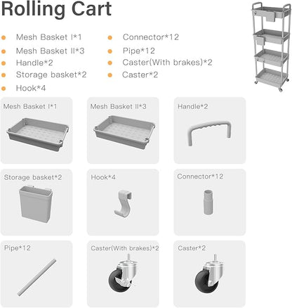 4 Tier Rolling Utility Cart with Handle,REBECAT Utility Cart Made of Multifunctional Storage Organizer Tool for Kitchen,Bathroom,Living Room,Office(Gray)