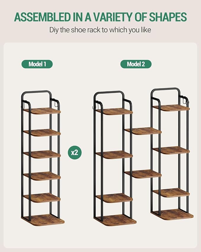 6 Tiers Vertical Shoe Rack, Narrow Shoe Tower, Tall Shoes Shelf with 2 Hooks, Adjustable Shelves, Corner Shoes Shelves for Small Spaces, Entryway, Living Room, Rustic Brown SR04201B