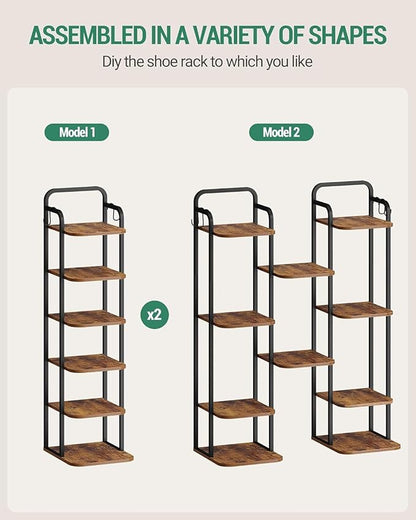 6 Tiers Vertical Shoe Rack, Narrow Shoe Tower, Tall Shoes Shelf with 2 Hooks, Adjustable Shelves, Corner Shoes Shelves for Small Spaces, Entryway, Living Room, Rustic Brown SR04201B