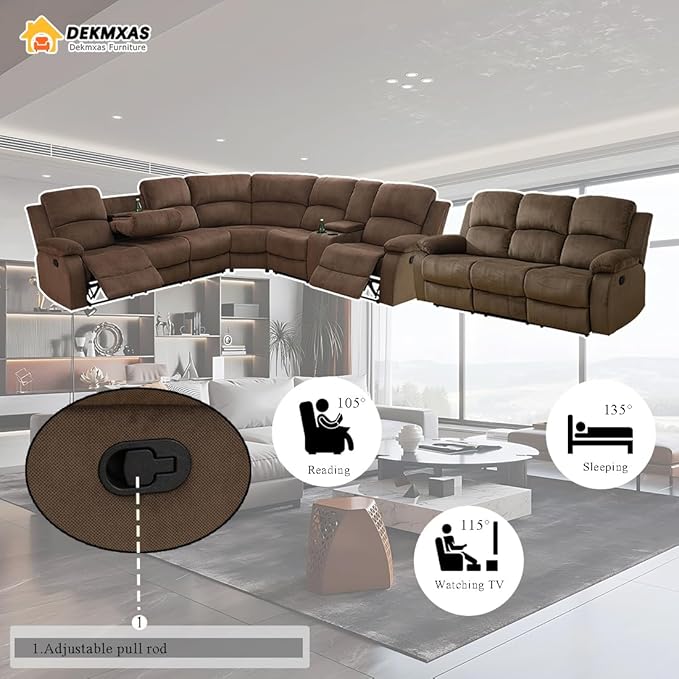 Recliner Sectional Sofa Set, Living Room Furniture Sets,Brown 4-Piece Corduroy Living Room Reclining Sectional Sofa Couch with Drop-Down Table/Cup Holder/Storage Console for Bedroom,Apartment