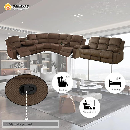Recliner Sectional Sofa Set, Living Room Furniture Sets,Brown 4-Piece Corduroy Living Room Reclining Sectional Sofa Couch with Drop-Down Table/Cup Holder/Storage Console for Bedroom,Apartment