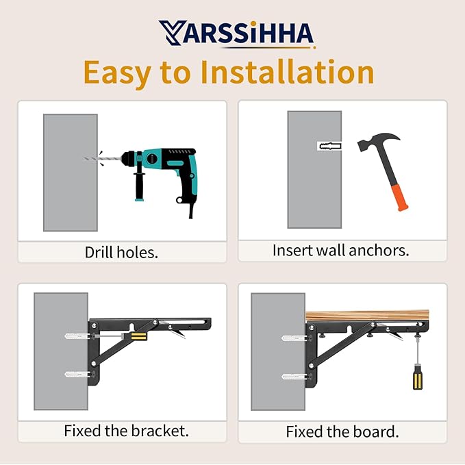 Yarssihha 8 Inch Folding Shelf Bracket, 6 Pack Heavy Duty Wall Mounted Foldable Brackets, Space-Saving Metal Collapsible Shelf Brackets, Max Load:180lbs