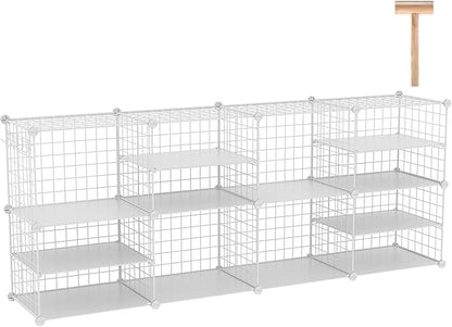 C&AHOME Wire Cube Storage Unit, Interlocking Metal Wire Organizer with Divider Design, Modular Cabinet with Plastic Panels, Bookshelf Stackable Closet Organizer with Small Hooks, White UWCSIM08W
