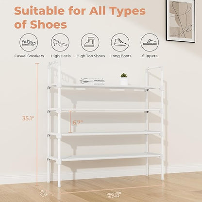 4 Tier Shoe Rack for Closet Shoe Organizer with 5 Hooks, Long Shoe Shelf Storage for Shoe and Boot Stackable Free Standing Shoe Rack for Entryway, Garage, Small Spaces, Dorm, White
