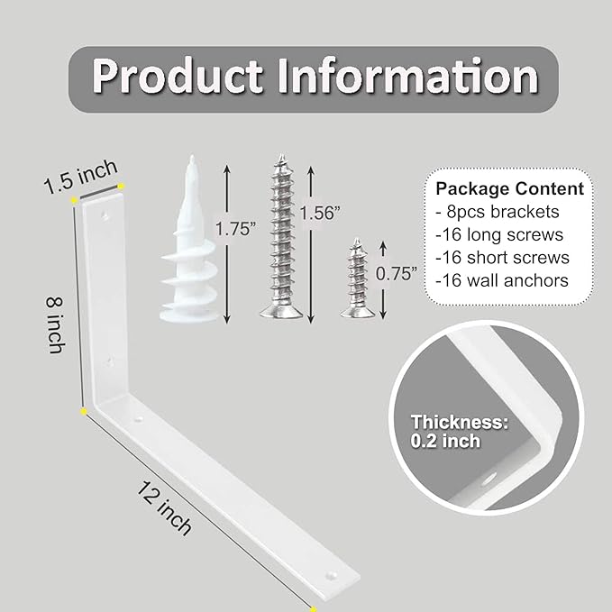 Shelf Brackets 12 Inch L Brackets for Shelves Heavy Duty White Wall Brackets for Shelves 5mm Thick Metal Bracket Support for Shelf with Screws