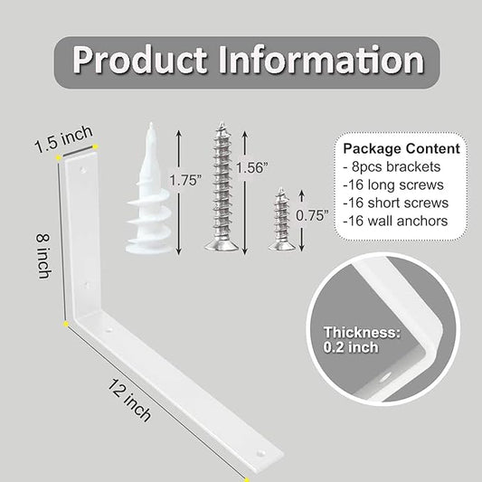 Shelf Brackets 12 Inch L Brackets for Shelves Heavy Duty White Wall Brackets for Shelves 5mm Thick Metal Bracket Support for Shelf with Screws